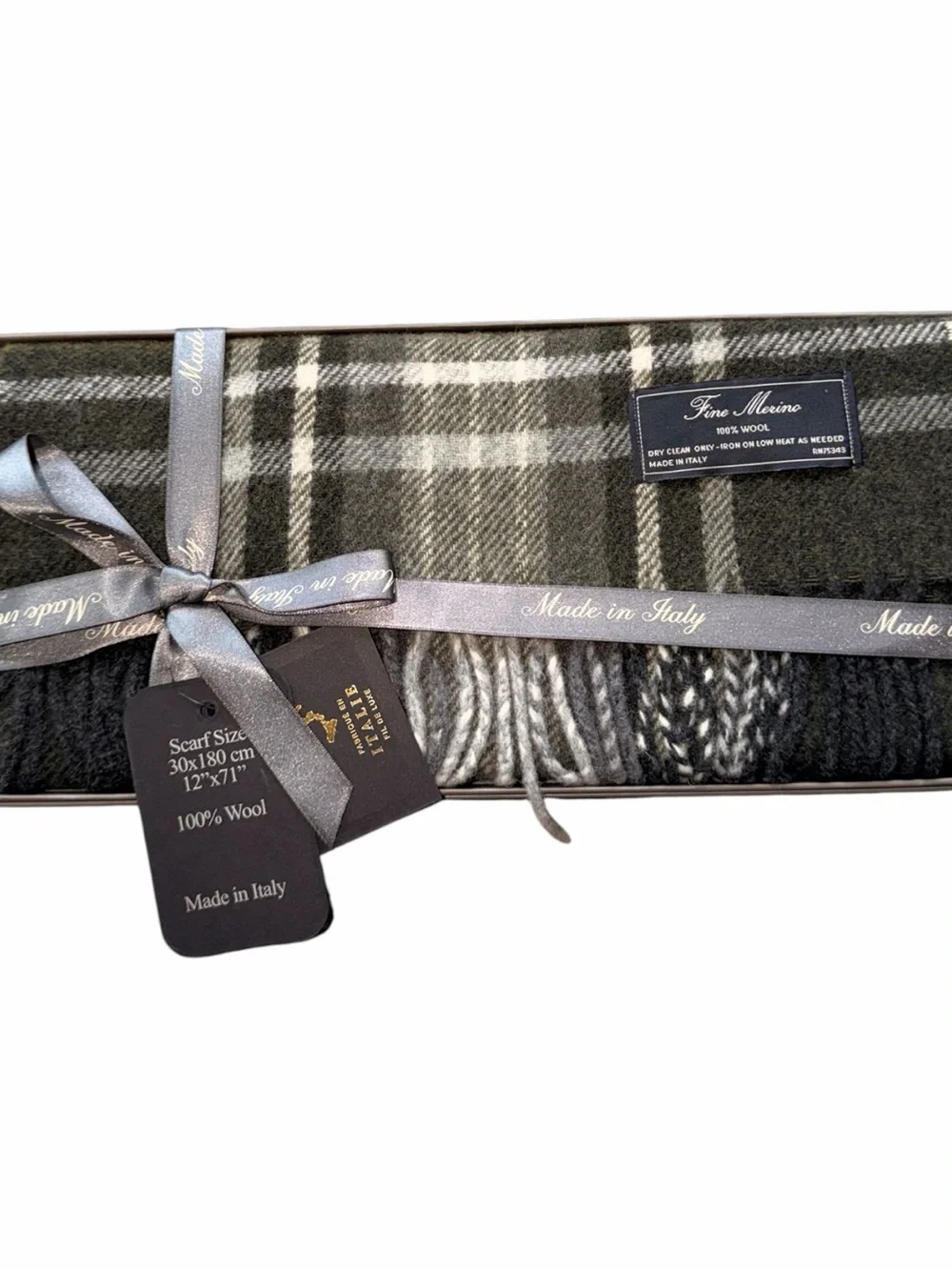 NWT NIB Men’s Fine Merino 100% Wool Green Plaid Scarf Made in Italy